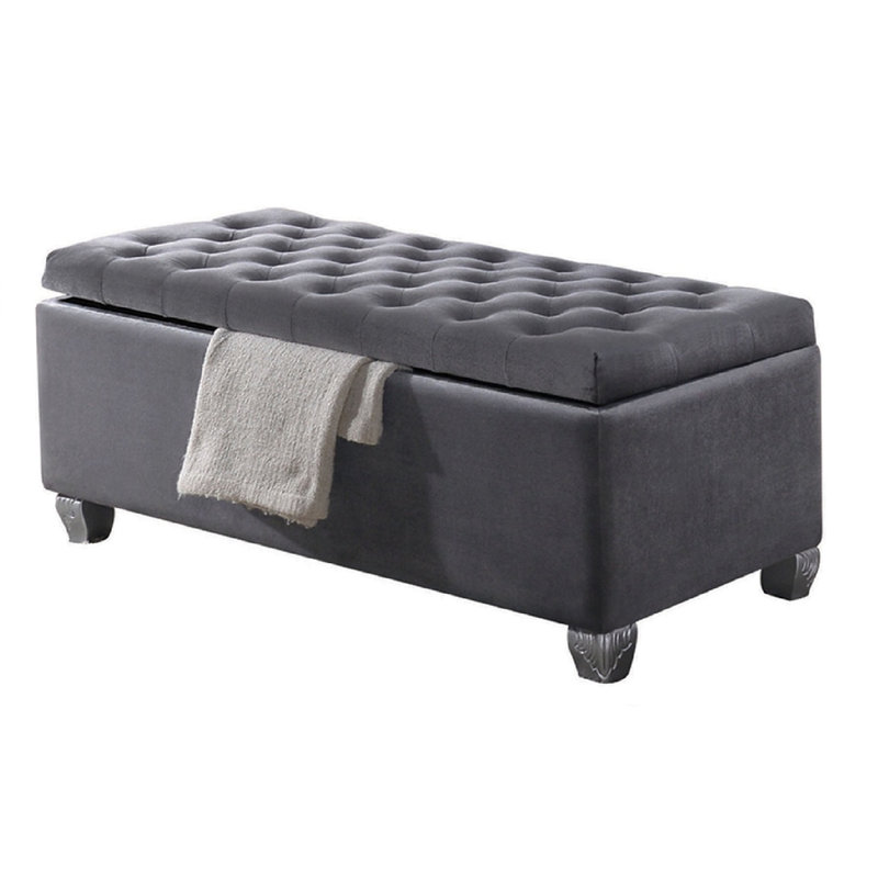 Alcott Hill Crystal Like Button Tufted Velvet Storage Bench In Grey